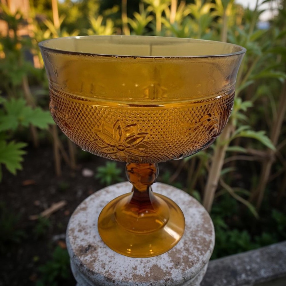 Indiana Glass Amber footed candy bowl 7 1/2 inches tall made by Tiara
